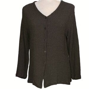 Eileen Fisher Rayon Wool Textured Button Down Long Sleeve Top